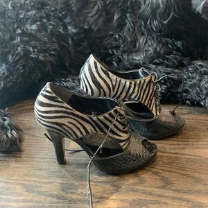 Nine West Zebra-Print Lace-Up Peep Toe Heels - Black and White